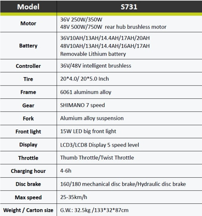 HOTEBIKE S731M – 20" Folding Fat Tyre Electric Bike