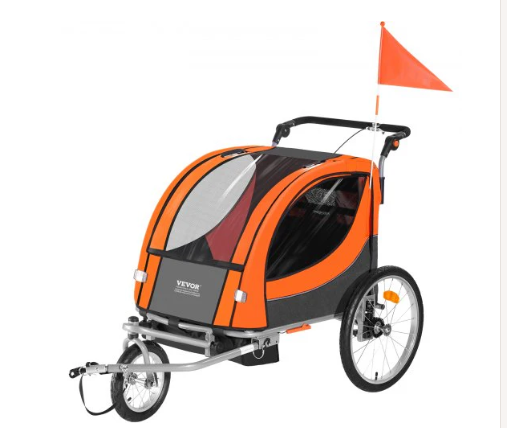 Bike Trailer for Toddlers, Kids, Double Seat, 40 kg Load, 2-In-1 Canopy Carrier Converts to Stroller, Tow Behind Foldable Child Bicycle Trailer with Universal Bicycle Coupler, Orange and Gray