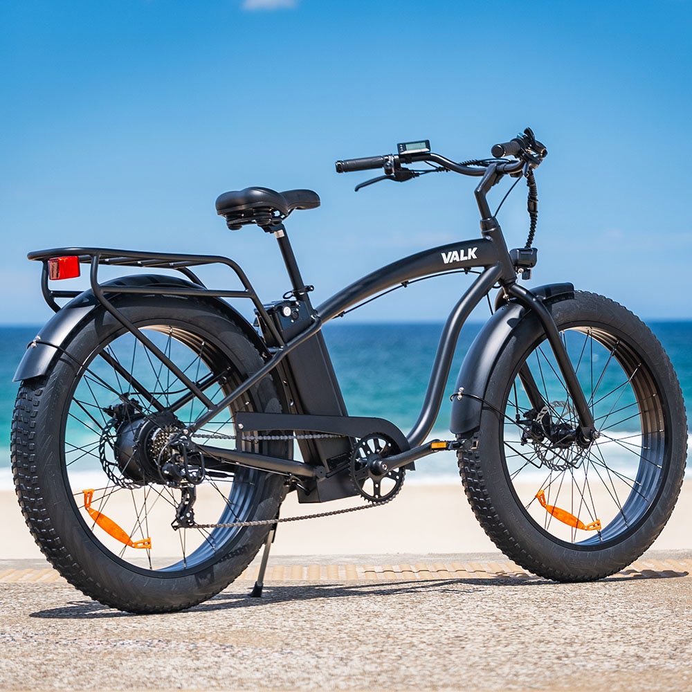 VALK Electric Fat Tyre Cruiser Bike, eBike with Throttle, Matte Black