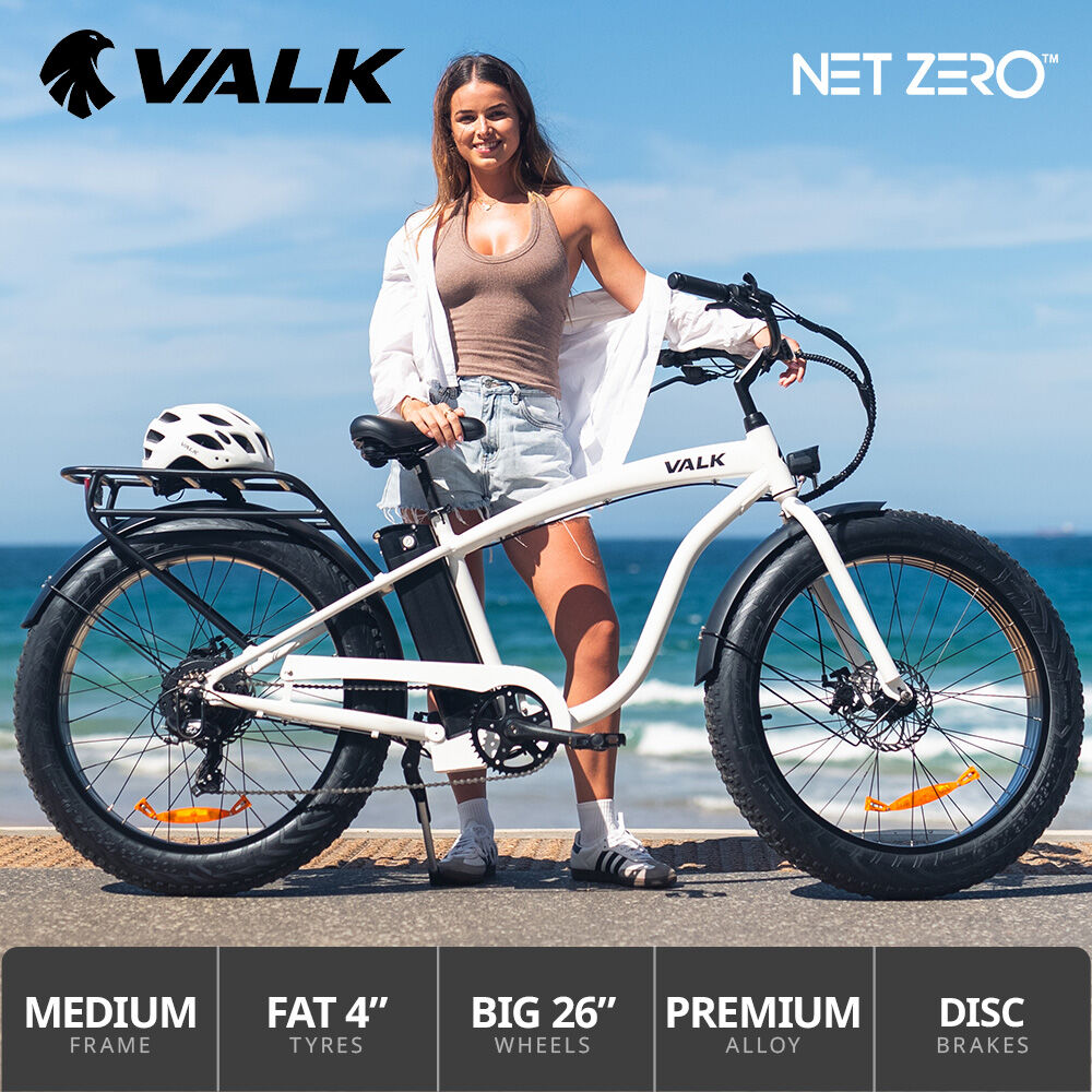 VALK Electric Fat Tyre Cruiser Bike, eBike with Throttle, White