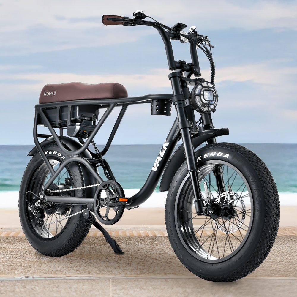 VALK Nomad Electric Fat Tyre Bike, 500W, 45km/hr, Throttle ebike, 20x4" Kenda Tyres, Shimano 7 spd, Suspension, Black