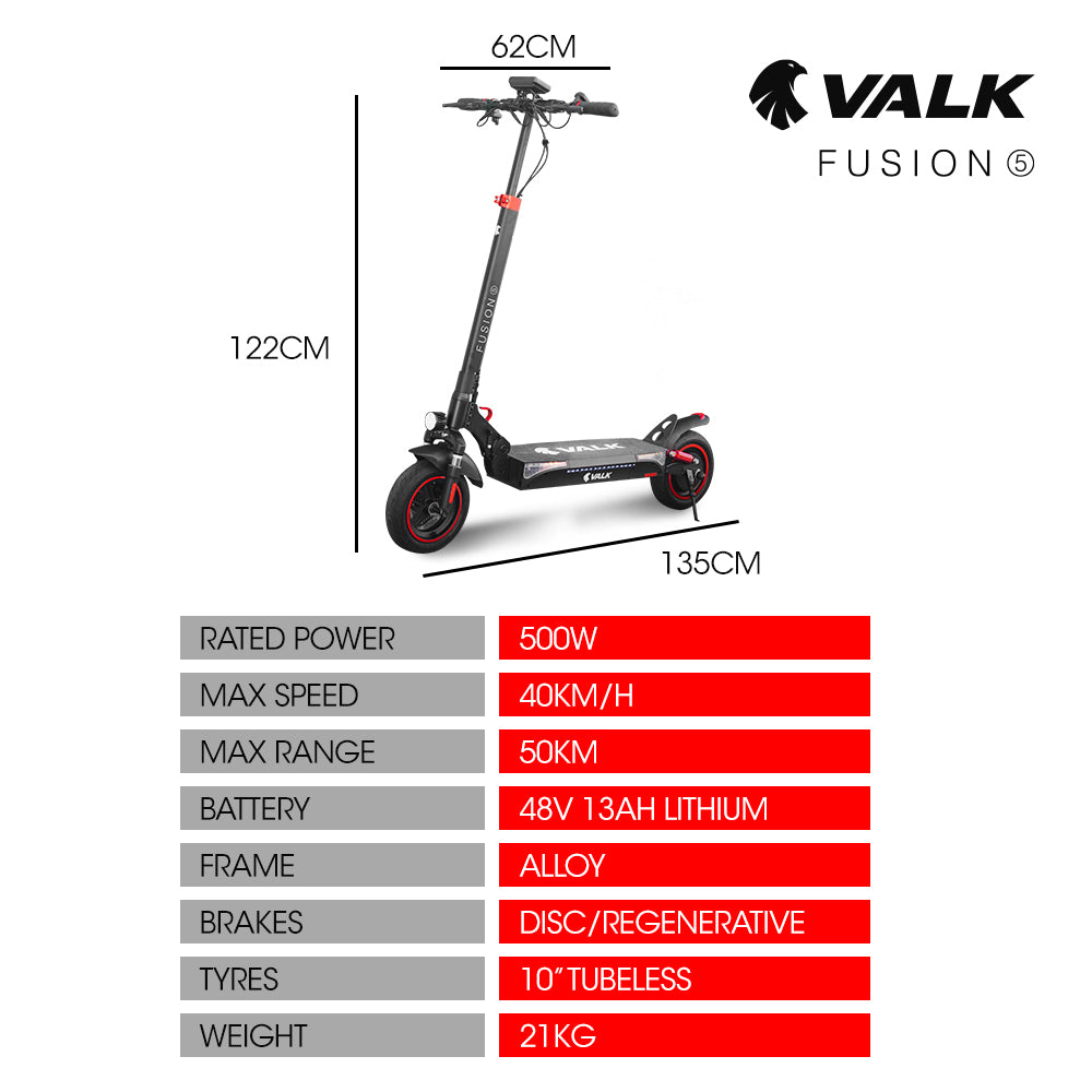 VALK Fusion 5 Electric Scooter, 500W 48V 13Ah Lithium 50km Range 40km/h Quad Shocks 10 inch Tyres