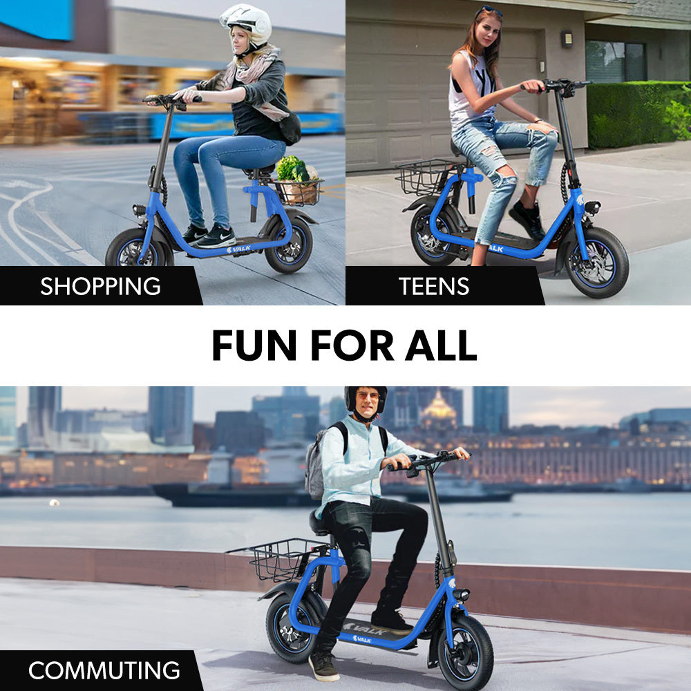VALK Electric Scooter with Seat, Disc brakes, 12" Tyres, Motorised eScooter for Adults Teens Commuter, Blue