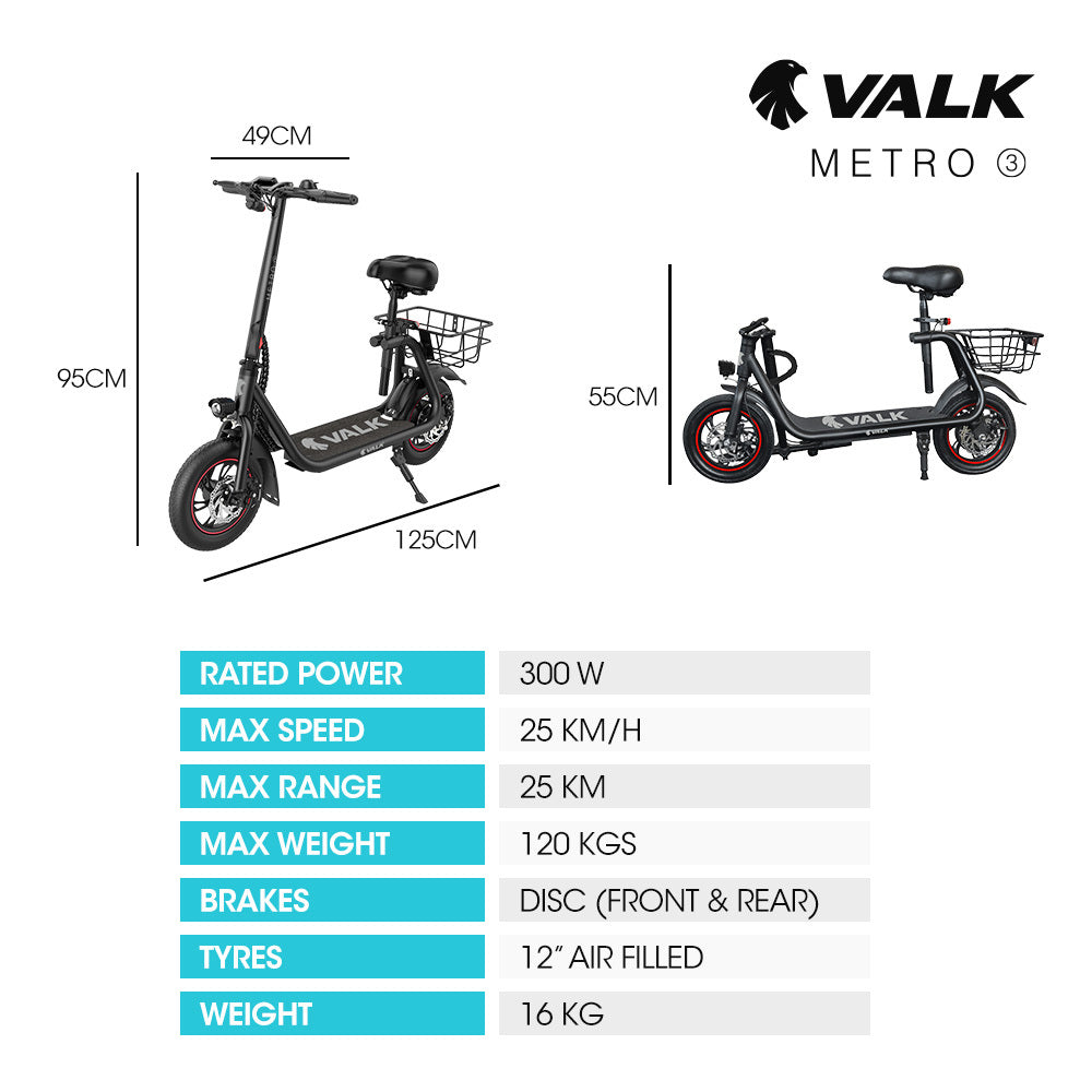 VALK Electric Scooter with Seat, Disc brakes, 12" Tyres, Motorised eScooter for Adults Teens Commuter
