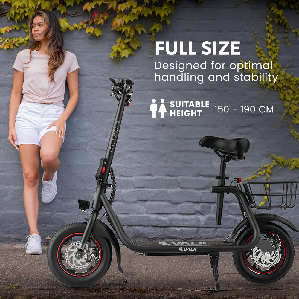 VALK Electric Scooter with Seat, Disc brakes, 12" Tyres, Motorised eScooter for Adults Teens Commuter