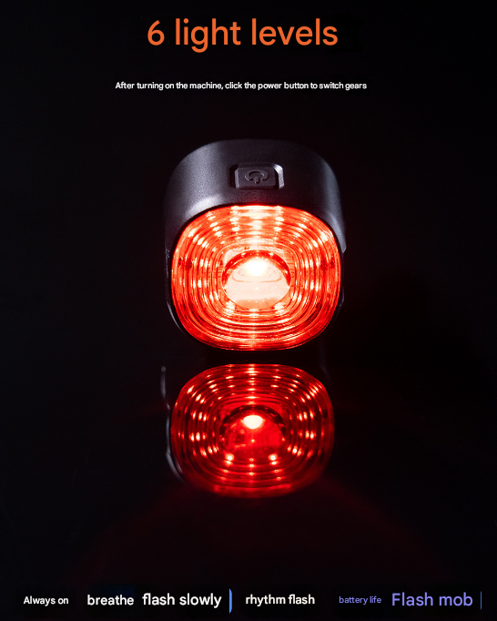 Black and Red Smart Bike Tail Light - Auto Brake Sensing, 6 Modes, USB-C Rechargeable,