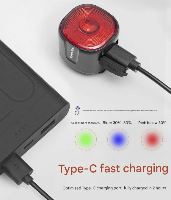 Black and Red Smart Bike Tail Light - Auto Brake Sensing, 6 Modes, USB-C Rechargeable,